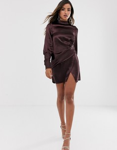 Атласное платье мини с длинными рукавами и драпировкой ASOS DESIGN-Фиолетовый
