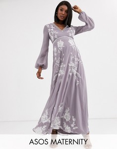 Платье макси с разрезом на рукавах, вышивкой и отделкой в виде колец ASOS DESIGN Maternity-Мульти