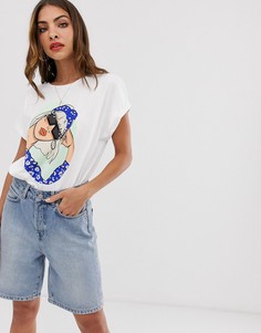 Белая футболка с принтом и отделкой бусинами Stradivarius-Белый