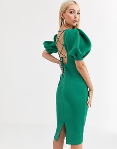 Платье миди с пышными рукавами и бретельками на спине ASOS DESIGN-Зеленый