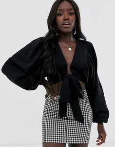 Бежевый топ с длинными рукавами и завязкой ASOS DESIGN-Черный