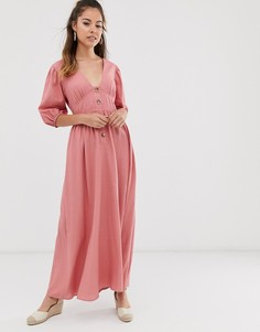 Льняное платье макси на пуговицах с перекрестной отделкой на спине ASOS DESIGN-Розовый