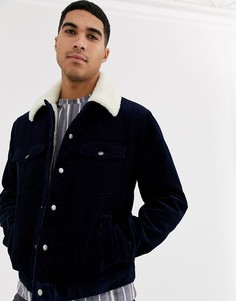 Темно-синяя вельветовая куртка с подкладкой из искусственного меха Topman-Темно-синий