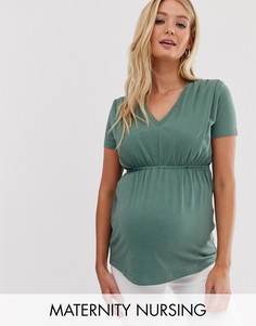 Трикотажный топ с короткими рукавами и эластичным поясом Mamalicious nursing-Зеленый Mama.Licious