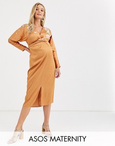Платье миди с рукавами \летучая мышь\" и цветочной вышивкой ASOS DESIGN Maternity-Оранжевый