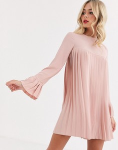 Плиссированное платье-трапеция мини с длинными рукавами ASOS DESIGN-Розовый