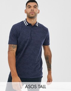 Свободное поло из пике с отделкой на воротнике и принтом листьев ASOS DESIGN Tall-Темно-синий