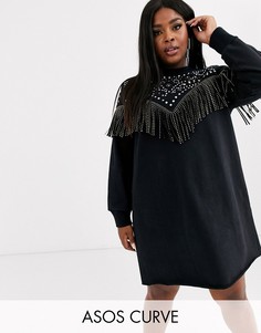 Трикотажное платье с отделкой бахромой и заклепками ASOS DESIGN Curve-Черный