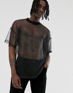 Черная oversize-футболка из сетки с блестками ASOS DESIGN-Черный