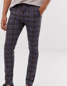 Темно-синие зауженные строгие брюки в клетку Topman-Синий