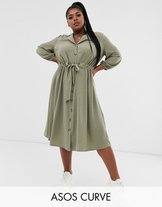 Платье-рубашка миди с пуговицами и присборенной талией ASOS DESIGN Curve-Зеленый