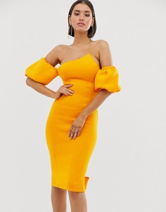Асимметричное платье миди с пышными рукавами ASOS DESIGN-Оранжевый