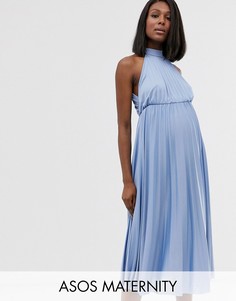 Платье миди со складками и халтером ASOS DESIGN Maternity-Синий