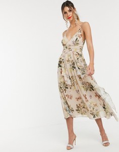 Платье макси на бретельках, с мягкой ярусной юбкой, сборками на лифе и принтом ASOS DESIGN-Мульти