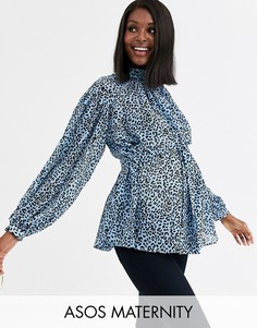 Синий топ с высоким воротом и звериным принтом ASOS DESIGN Maternity-Мульти