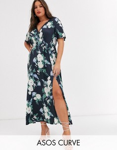 Платье макси с рукавами клеш, цветочным принтом и поясом с кисточками ASOS DESIGN Curve-Мульти