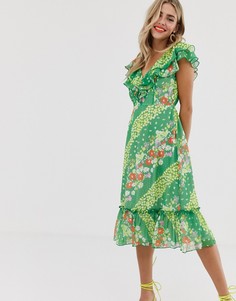 Зеленое платье миди с цветочным принтом и оборками на рукавах Twisted Wunder-Зеленый