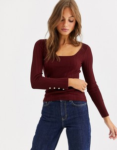 Джемпер в рубчик с квадратным вырезом и пуговицами на манжетах ASOS DESIGN-Красный