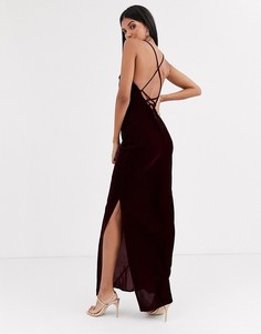 Бархатное платье-комбинация макси на бретелях со шнуровкой на спине ASOS DESIGN Tall-Темно-синий