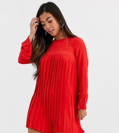 Плиссированоое платье мини с длинными рукавами ASOS DESIGN Petite-Красный