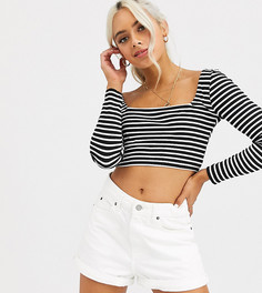 Укороченный лонгслив в полоску с квадратным вырезом ASOS DESIGN PETITE-Мульти