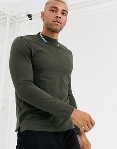 Лонгслив цвета хаки с высоким воротом Topman-Зеленый