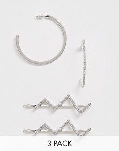 Серебристые серьги-кольца и заколки для волос с зигзагообразной отделкой и кристаллами ASOS DESIGN-Серебряный
