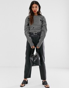 Кожаные брюки прямого кроя с завышенной талией Selected Femme-Черный