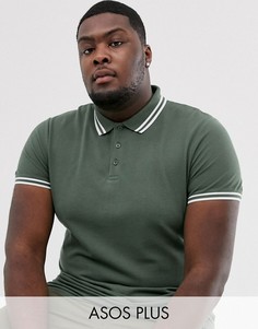 Зеленая футболка-поло из пике с контрастной отделкой ASOS DESIGN Plus-Зеленый