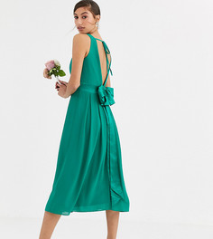 Изумрудно-зеленое платье миди с атласным бантом на спине TFNC Tall Bridesmaid-Зеленый