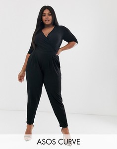 Комбинезон с запахом и рукавами 3/4 ASOS DESIGN Curve-Черный