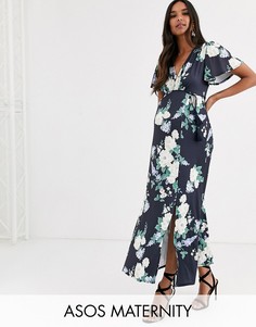 Платье макси с рукавами клеш, цветочным принтом и поясом с кисточками ASOS DESIGN Maternity-Мульти