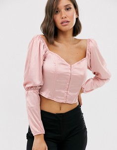 Розовый атласный корсетный топ с пышными рукавами Missguided