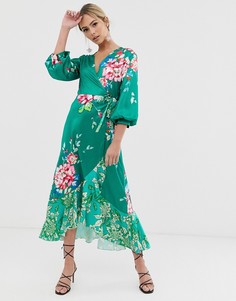 Зеленое чайное платье миди с запахом и цветочным принтом Liquorish-Мульти