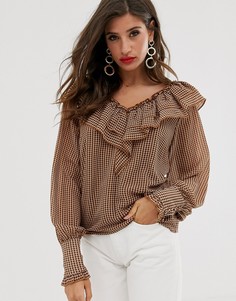 Топ в клетку с V-образным вырезом Vila-Коричневый