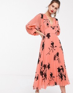 Розовое плиссированное платье миди с цветочным принтом ASOS DESIGN-Розовый