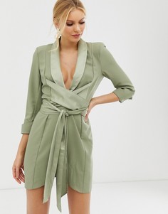 Платье-смокинг мини с завязывающимся поясом ASOS DESIGN-Зеленый