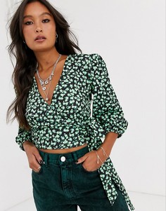 Топ с запахом и пышными рукавами в цветочек ASOS DESIGN-Мульти