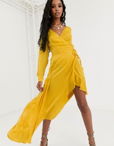 Желтое атласное платье миди с пуговицами Missguided-Желтый