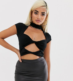 Черный кроп-топ с вырезами и короткими рукавами ASOS DESIGN Petite