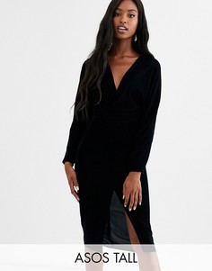 Бархатное платье миди с запахом ASOS DESIGN Tall-Черный