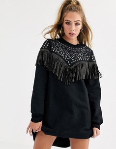 Платье-свитшот с бахромой и заклепками ASOS DESIGN-Черный