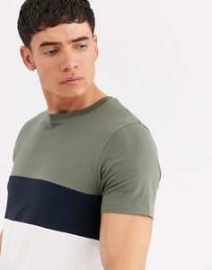 Футболка цвета хаки с полосками в стиле колор блок Jack & Jones Premium-Зеленый
