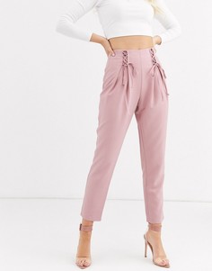 Розовые узкие брюки со шнуровкой Missguided-Розовый