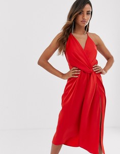 Атласное платье миди с драпировкой ASOS DESIGN-Красный