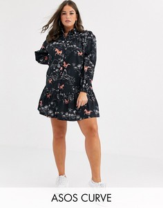 Платье-рубашка мини с контрастным принтом коней ASOS DESIGN Curve-Мульти