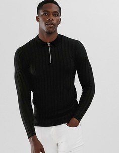 Черный джемпер в рубчик с воротником на молнии ASOS DESIGN