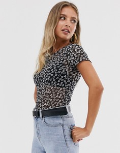 Сетчатый приталенный топ с цветочным принтом ASOS DESIGN-Мульти
