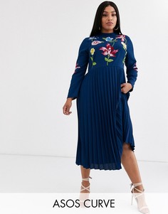 Платье миди с плиссировкой и вышивкой ASOS DESIGN Curve-Темно-синий