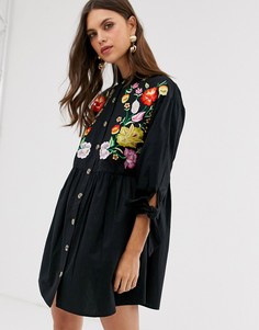 Свободное платье мини с пуговицами, вышивкой и завязками на рукавах ASOS DESIGN-Черный